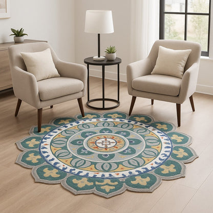 4' Round Teal Floral Mandala Area Rug