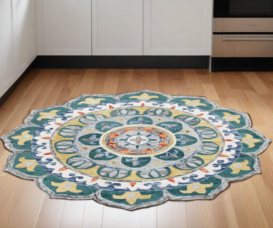 4' Round Teal Floral Mandala Area Rug