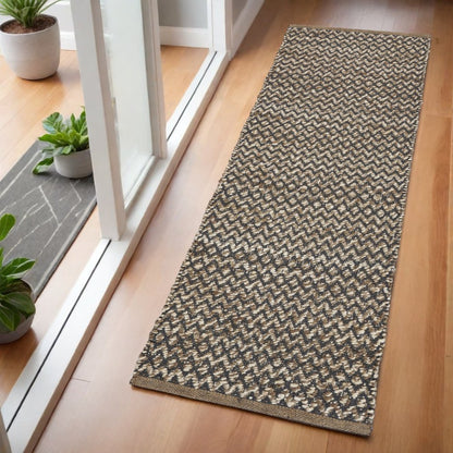 6' Natural and Gray Chevron Hand Woven Jute Runner Rug