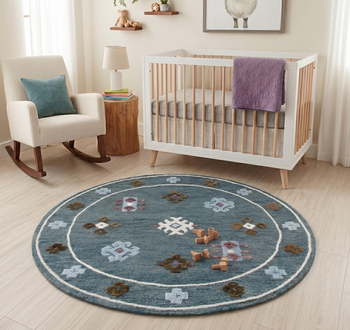 5' Blue Round Wool Hand Hooked Handmade Area Rug