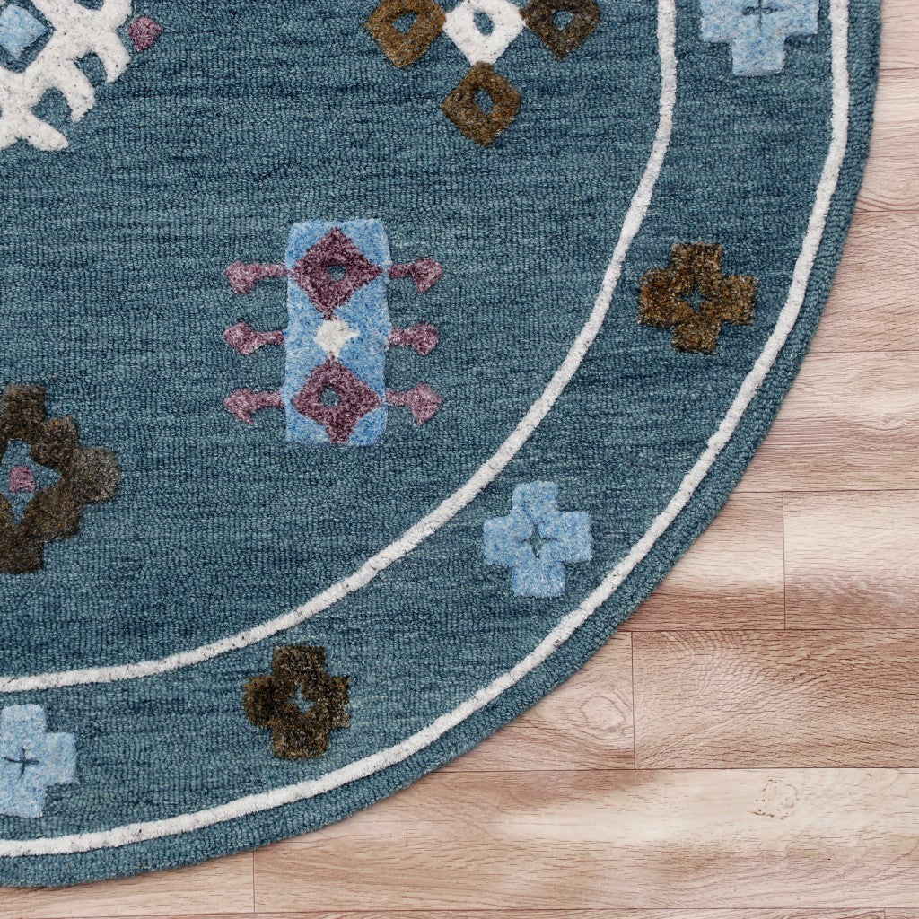 5' Blue Round Wool Hand Hooked Handmade Area Rug