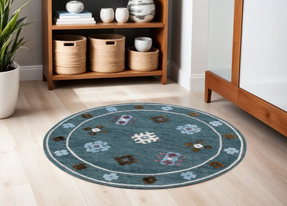 5' Blue Round Wool Hand Hooked Handmade Area Rug