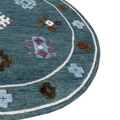 5' Blue Round Wool Hand Hooked Handmade Area Rug