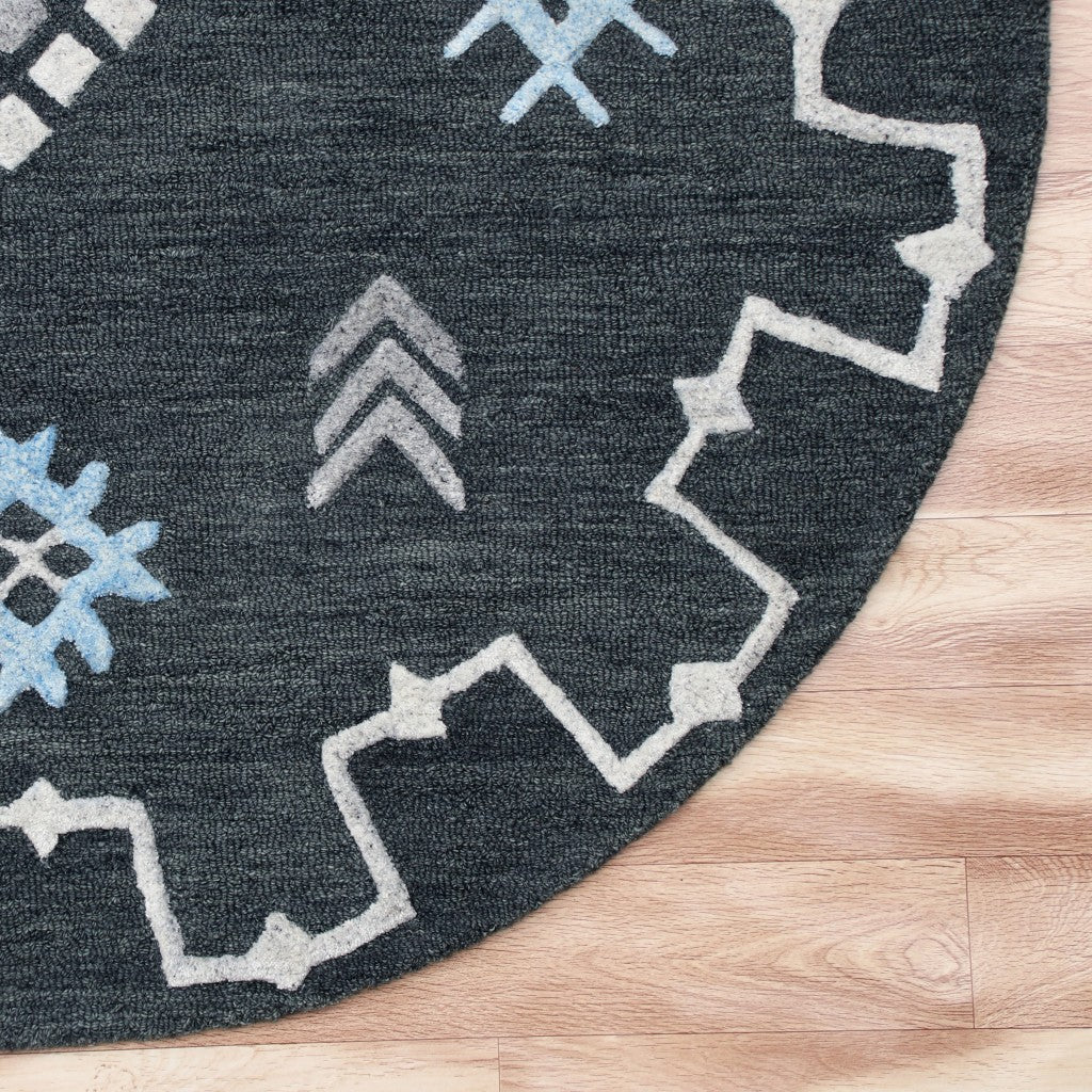 5' Charcoal Round Wool Hand Hooked Handmade Area Rug