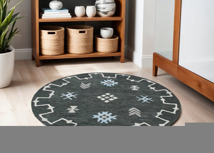 5' Charcoal Round Wool Hand Hooked Handmade Area Rug