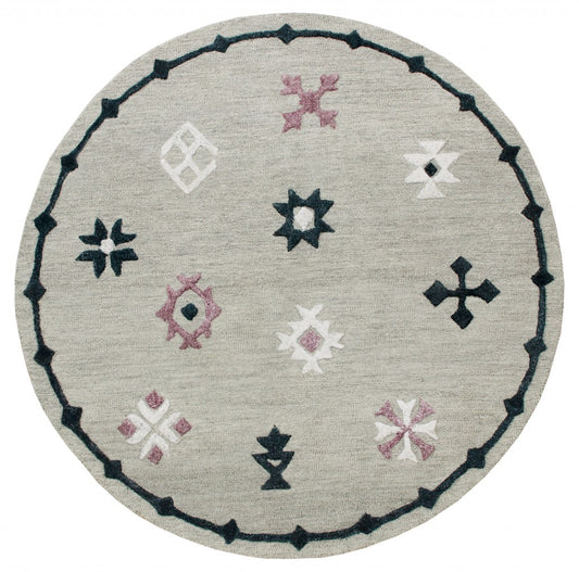 7' Gray Round Wool Hand Hooked Handmade Area Rug