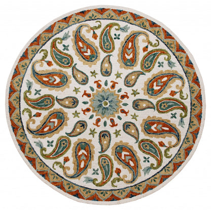 7' Round Orange and White Paisley Area Rug