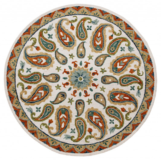 7' Round Orange and White Paisley Area Rug