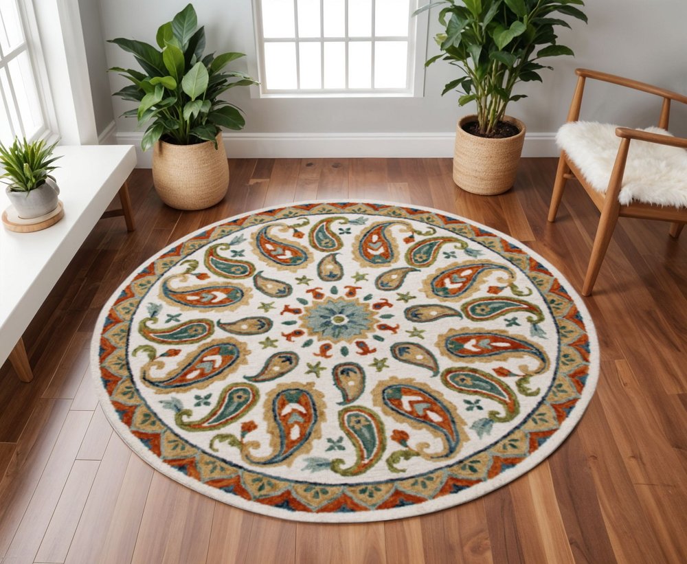 7' Round Orange and White Paisley Area Rug
