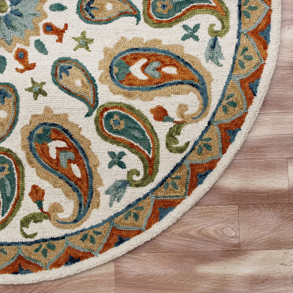 7' Round Orange and White Paisley Area Rug