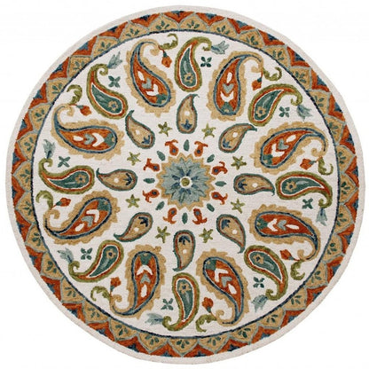 7' Round Orange and White Paisley Area Rug