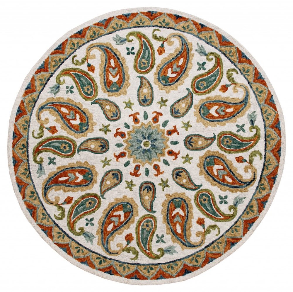 7' Round Orange and White Paisley Area Rug