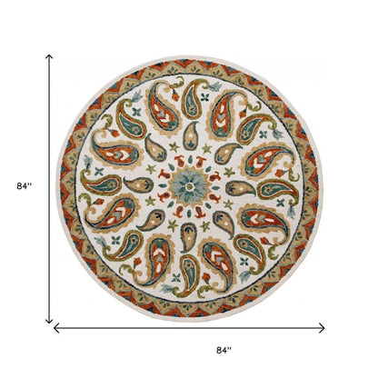 7' Round Orange and White Paisley Area Rug