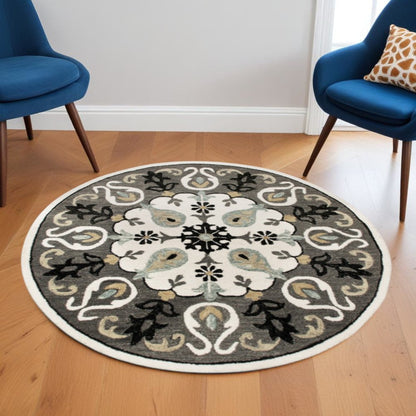 5' Gray Round Wool Hand Hooked Handmade Area Rug