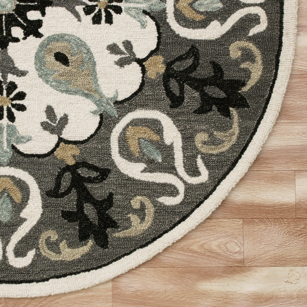 7' Gray Round Wool Hand Hooked Handmade Area Rug