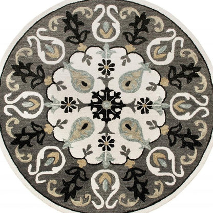 7' Gray Round Wool Hand Hooked Handmade Area Rug