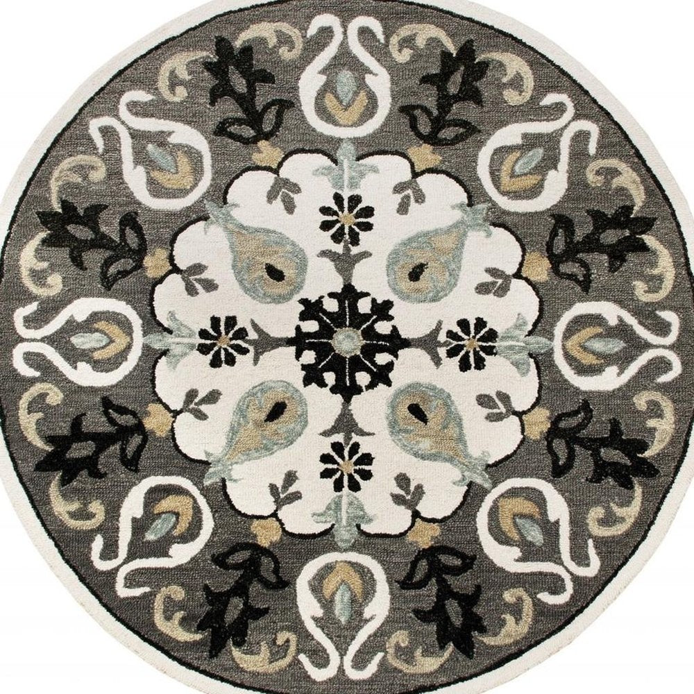 5' Gray Round Wool Hand Hooked Handmade Area Rug