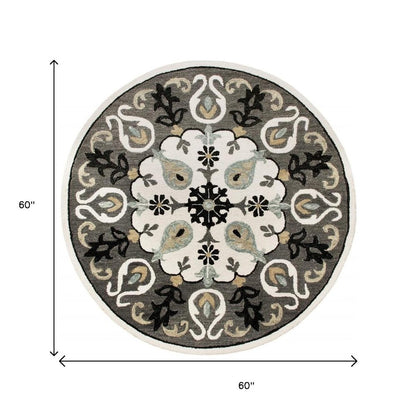 5' Gray Round Wool Hand Hooked Handmade Area Rug