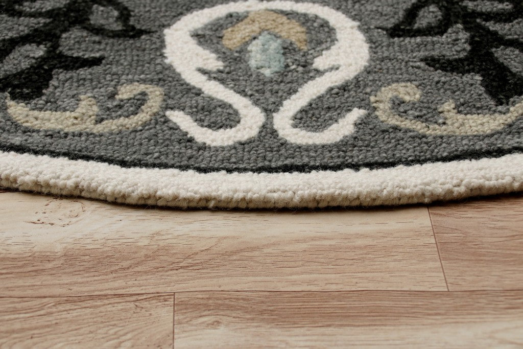 7' Gray Round Wool Hand Hooked Handmade Area Rug