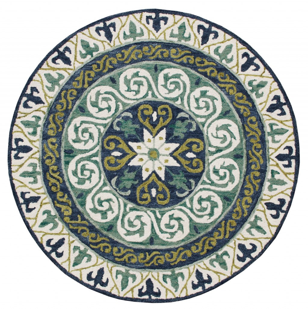 5' Round Blue and Green Ornate Medallion Area Rug