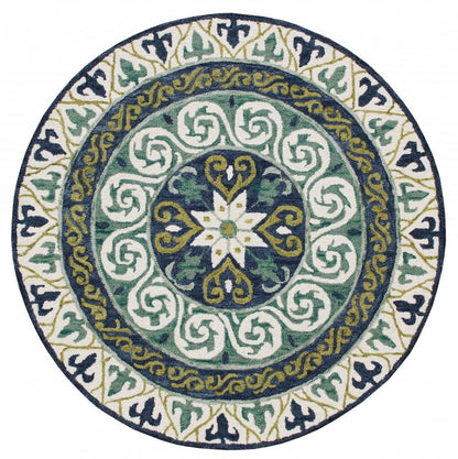 5' Round Blue and Green Ornate Medallion Area Rug