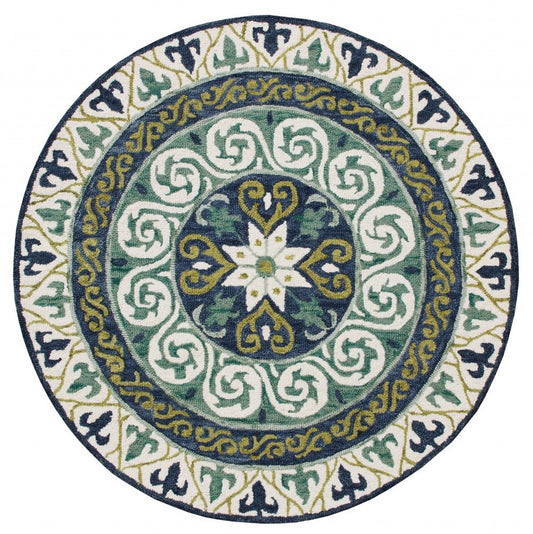 5' Round Blue and Green Ornate Medallion Area Rug