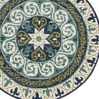 7' Round Blue and Green Ornate Medallion Area Rug