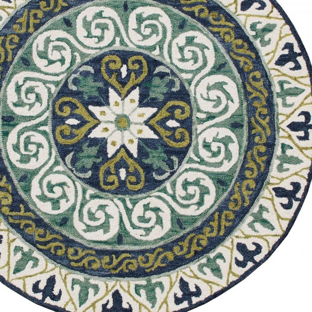 5' Round Blue and Green Ornate Medallion Area Rug