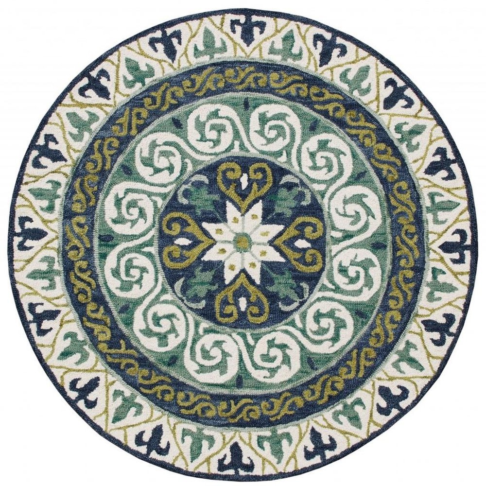 5' Round Blue and Green Ornate Medallion Area Rug
