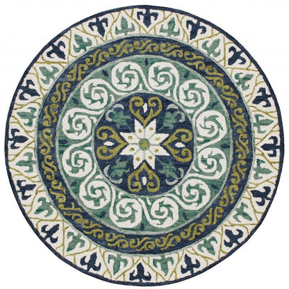 5' Round Blue and Green Ornate Medallion Area Rug