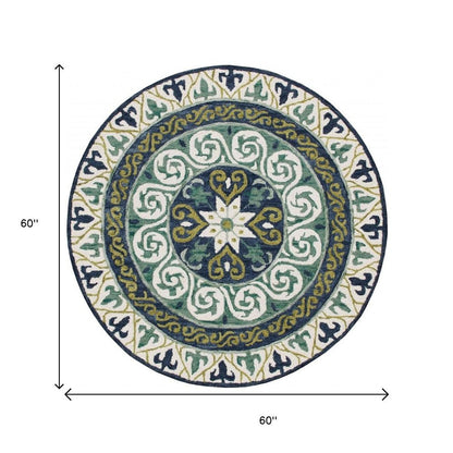 5' Round Blue and Green Ornate Medallion Area Rug