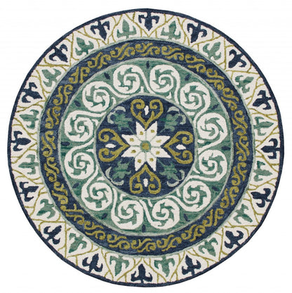 5' Round Blue and Green Ornate Medallion Area Rug