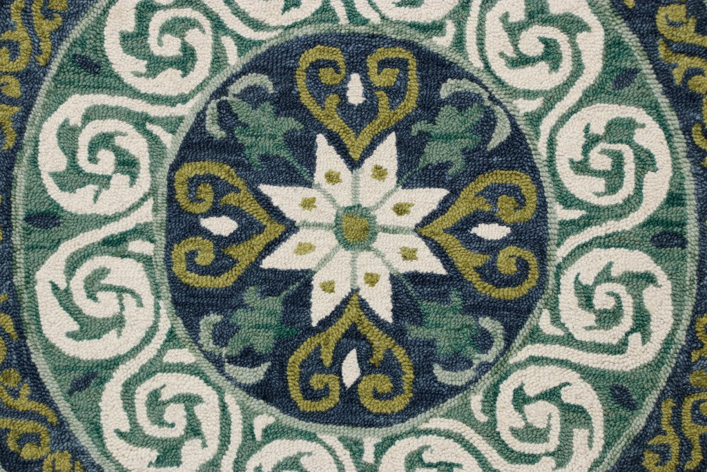 5' Round Blue and Green Ornate Medallion Area Rug