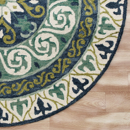 5' Round Blue and Green Ornate Medallion Area Rug