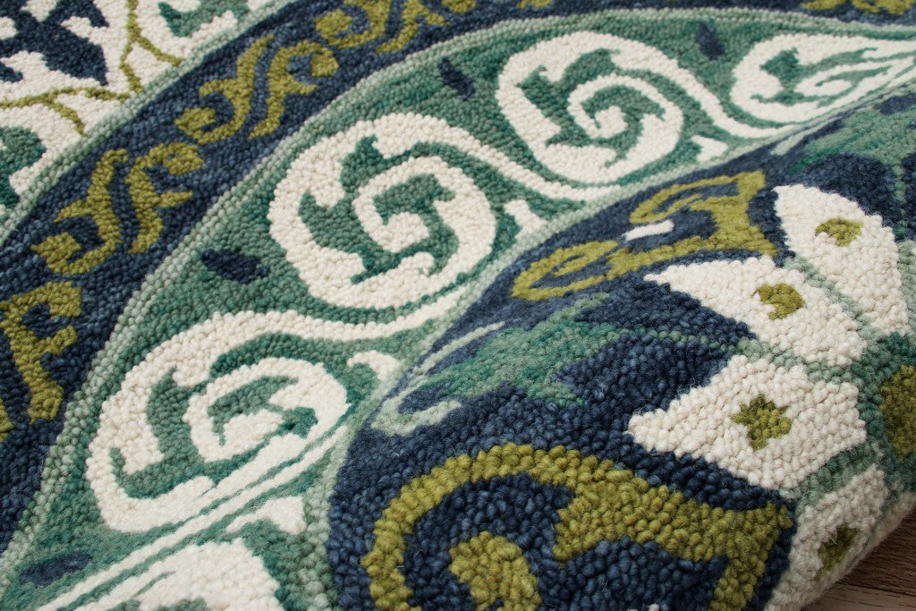 5' Round Blue and Green Ornate Medallion Area Rug