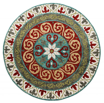 5' Round Red and Sage Medallion Area Rug