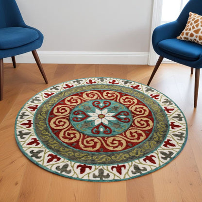 5' Round Red and Sage Medallion Area Rug