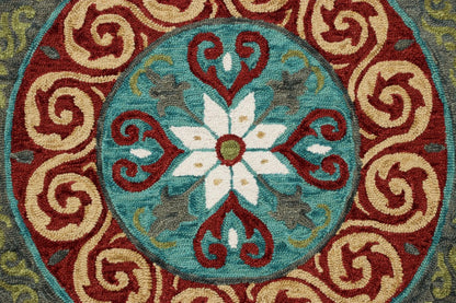 5' Round Red and Sage Medallion Area Rug