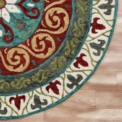 5' Round Red and Sage Medallion Area Rug