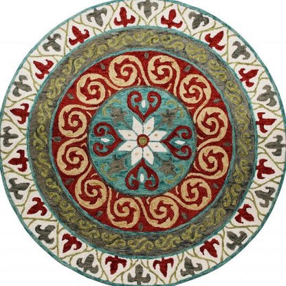 5' Round Red and Sage Medallion Area Rug