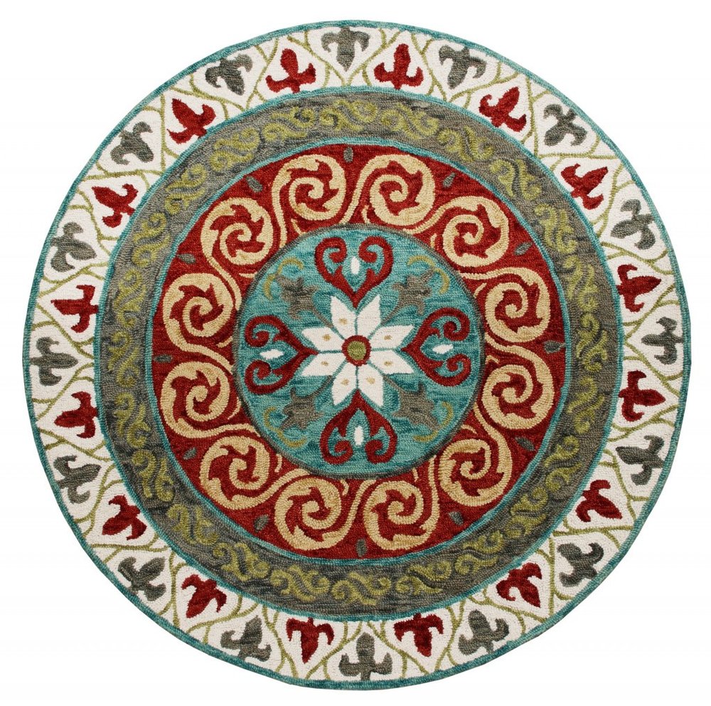 5' Round Red and Sage Medallion Area Rug