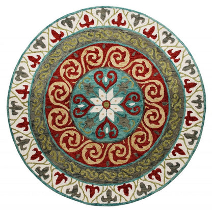 5' Round Red and Sage Medallion Area Rug