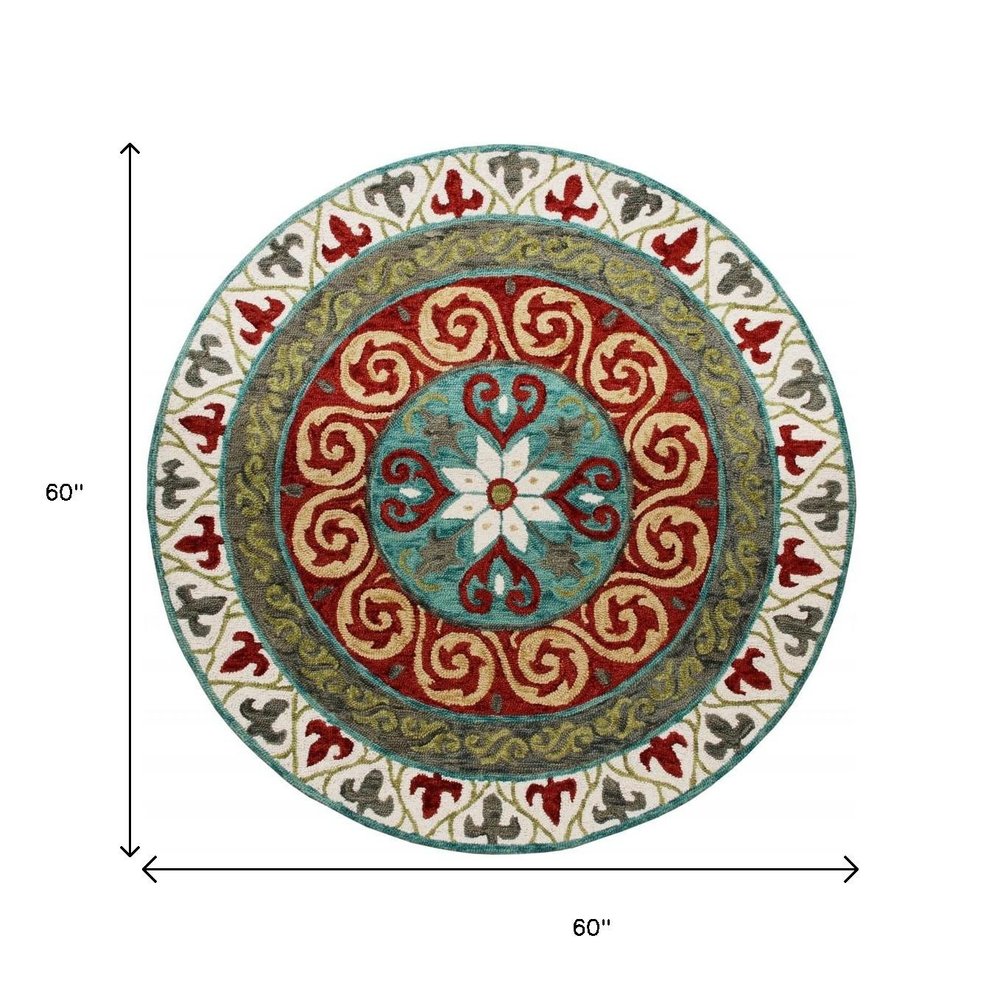 5' Round Red and Sage Medallion Area Rug
