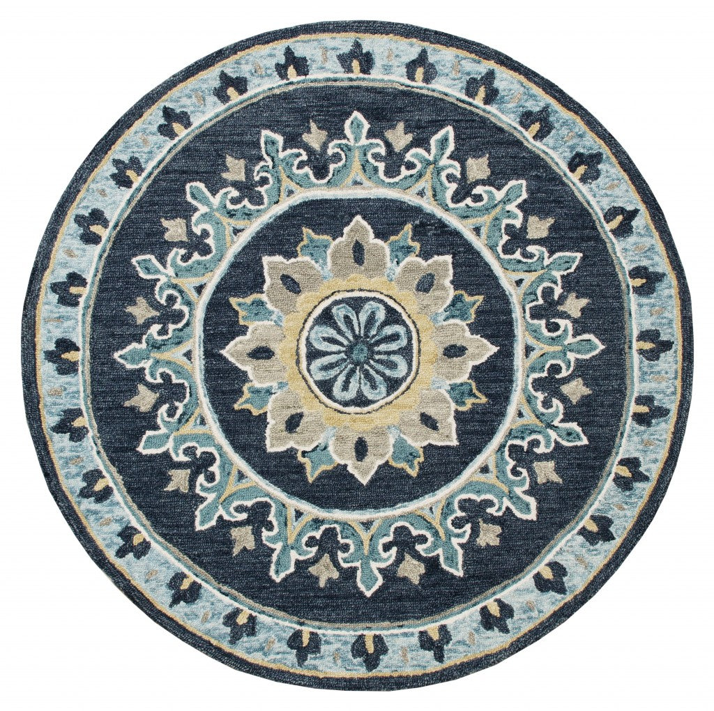 5' Round Blue Floral Medallion Area Rug