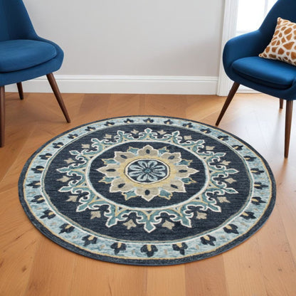 5' Round Blue Floral Medallion Area Rug