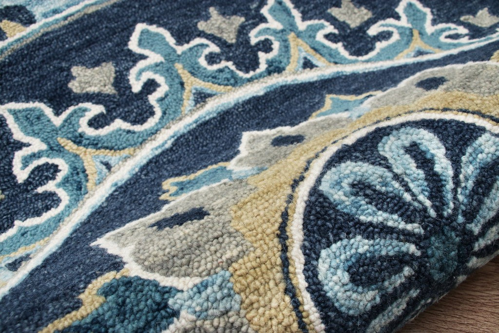 5' Round Blue Floral Medallion Area Rug