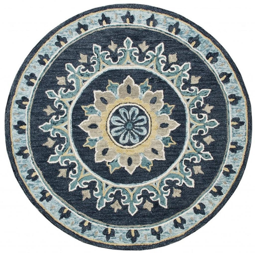 5' Round Blue Floral Medallion Area Rug