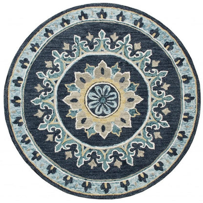5' Round Blue Floral Medallion Area Rug
