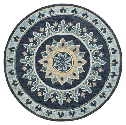 5' Round Blue Floral Medallion Area Rug