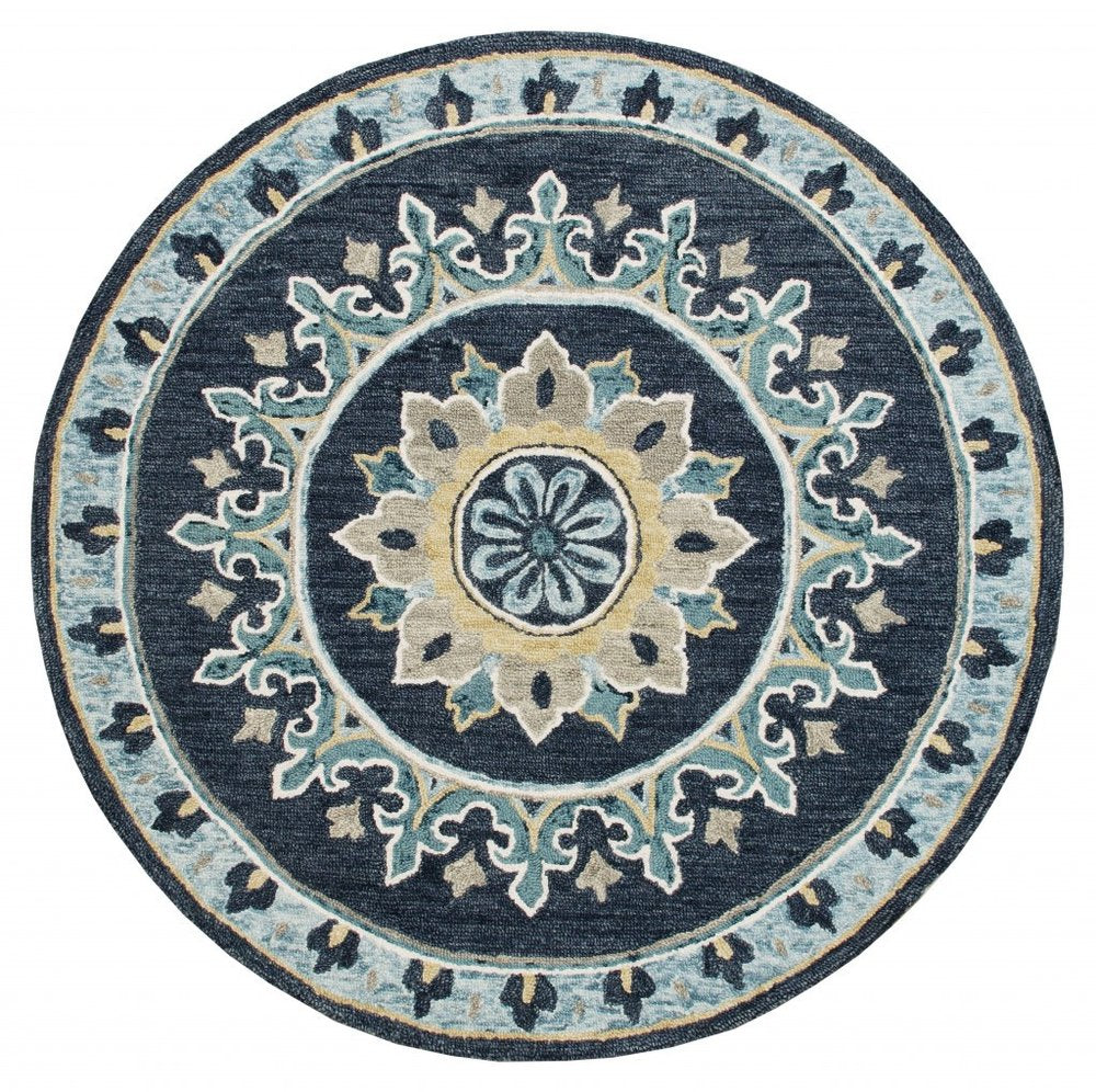5' Round Blue Floral Medallion Area Rug